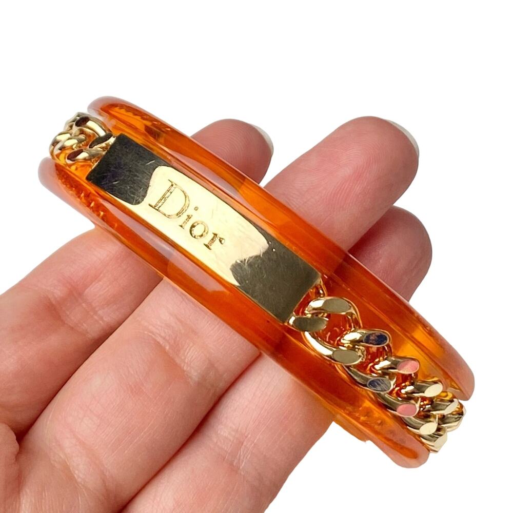 AUTH VTG Christian Dior Orange Lucite Gold Chain Nameplate Logo Cuff Bracelet - Picture 13 of 15